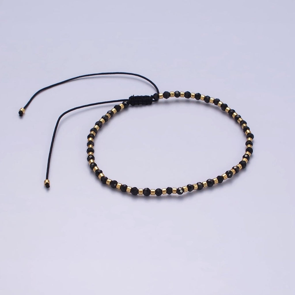 14K Gold plated Black Onyx Multifaceted Rope Adjustable Friendship Bracelet | WA-02165 ~ WA-02167
