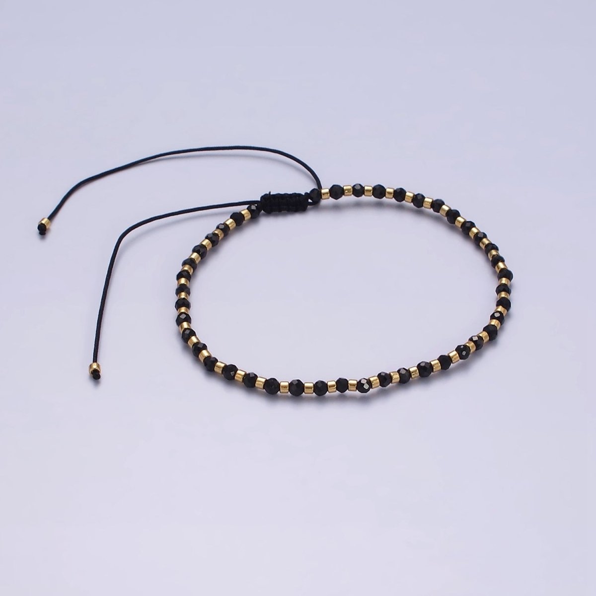 14K Gold plated Black Onyx Multifaceted Rope Adjustable Friendship Bracelet | WA-02165 ~ WA-02167