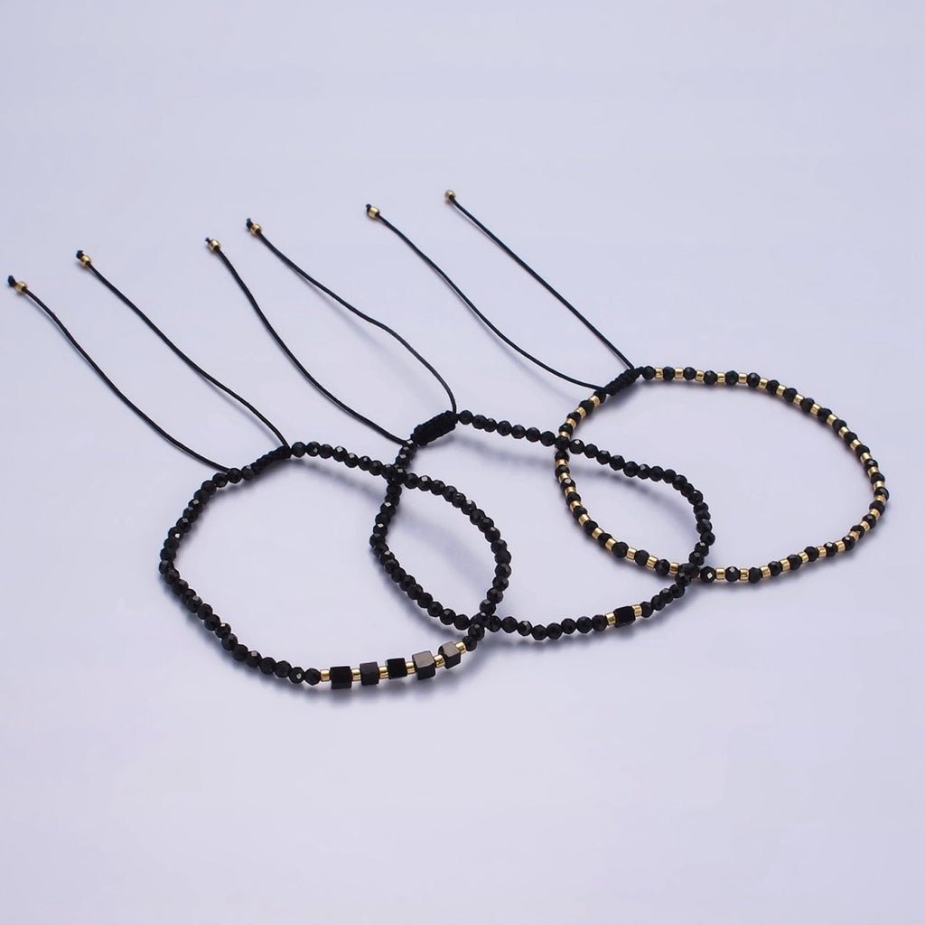 14K Gold plated Black Onyx Multifaceted Rope Adjustable Friendship Bracelet | WA-02165 ~ WA-02167