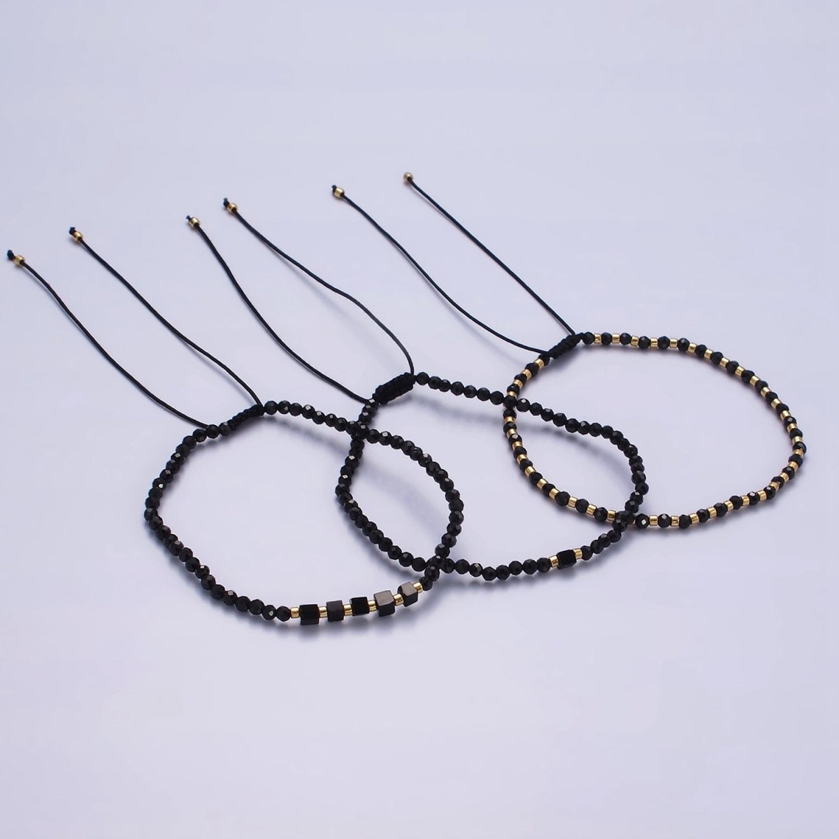 14K Gold plated Black Onyx Multifaceted Rope Adjustable Friendship Bracelet | WA-02165 ~ WA-02167