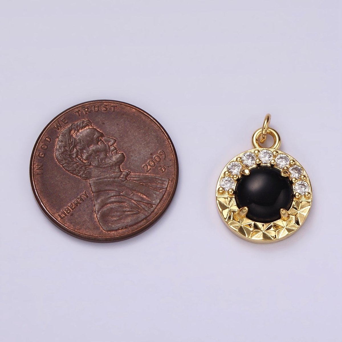 14K Gold plated Onyx Sunburst Micro Paved CZ Round Bezel Charm | AG489 - DLUXCA