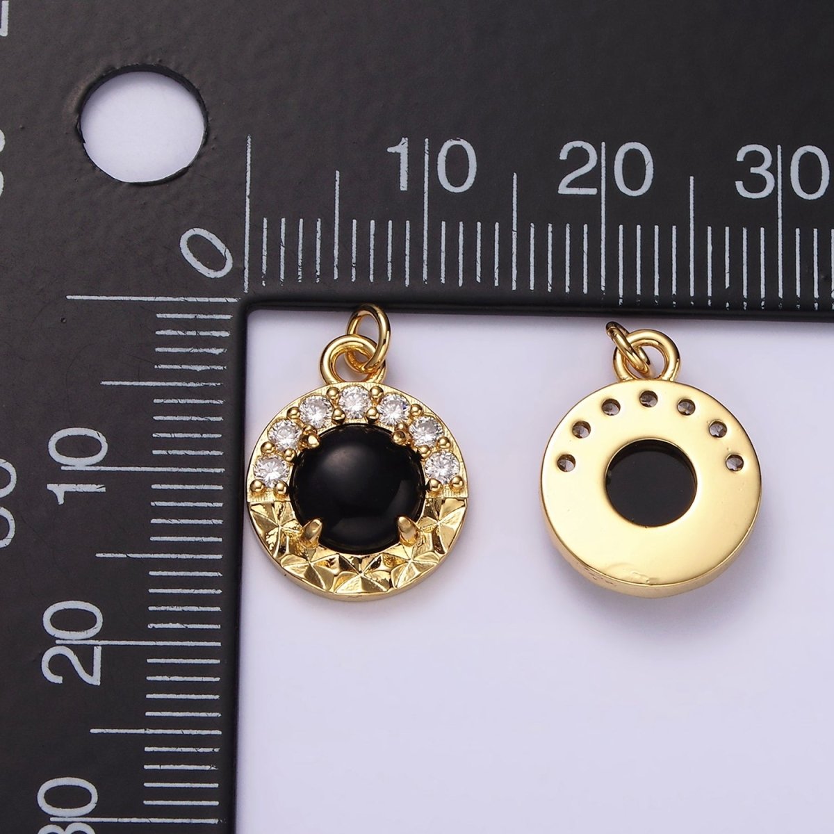 14K Gold plated Onyx Sunburst Micro Paved CZ Round Bezel Charm | AG489 - DLUXCA
