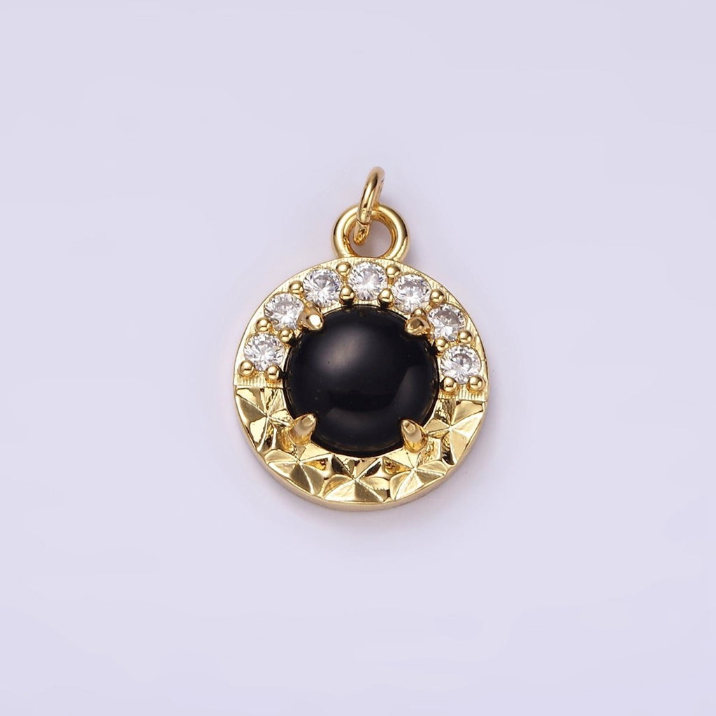 14K Gold plated Onyx Sunburst Micro Paved CZ Round Bezel Charm | AG489 - DLUXCA