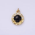 14K Gold plated Onyx Sunburst Micro Paved CZ Round Bezel Charm | AG489 - DLUXCA