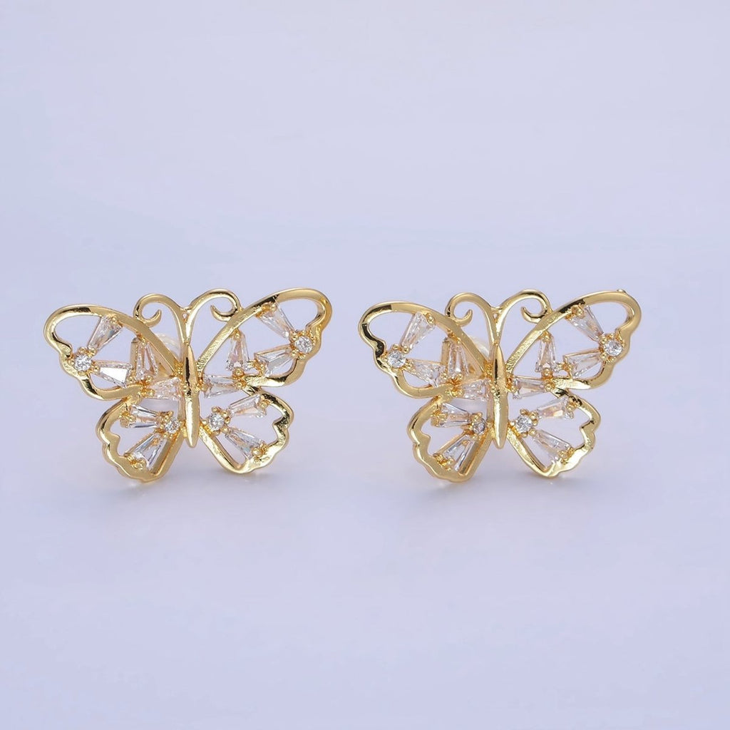 14K Gold plated Open Baguette Butterfly Stud Earrings | Q196 - DLUXCA
