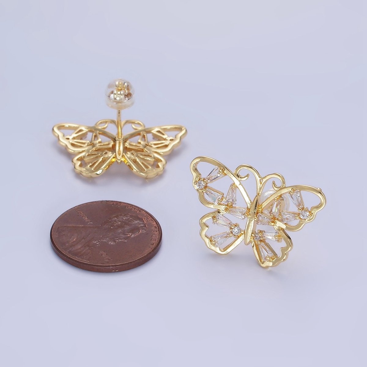 14K Gold plated Open Baguette Butterfly Stud Earrings | Q196 - DLUXCA