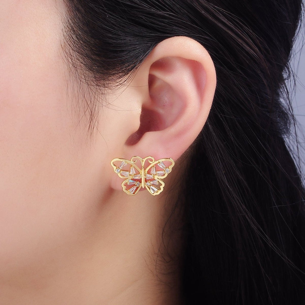 14K Gold plated Open Baguette Butterfly Stud Earrings | Q196 - DLUXCA