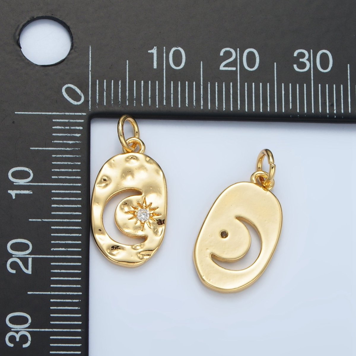 14K Gold plated Open Celestial Crescent Moon Star CZ Hammered Oval Charm | AG878 - DLUXCA