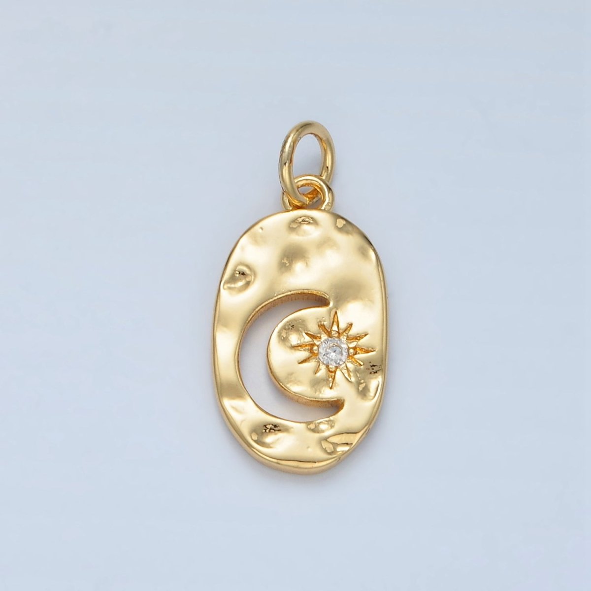 14K Gold plated Open Celestial Crescent Moon Star CZ Hammered Oval Charm | AG878 - DLUXCA