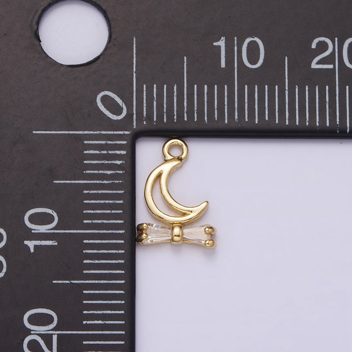 14K Gold plated Open Celestial Moon Baguette Ribbon Drop Charm | AG273 - DLUXCA