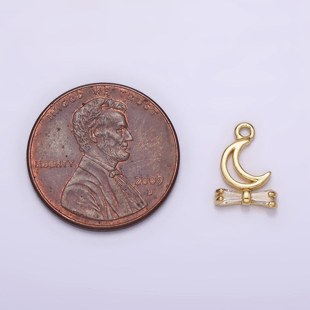 14K Gold plated Open Celestial Moon Baguette Ribbon Drop Charm | AG273 - DLUXCA