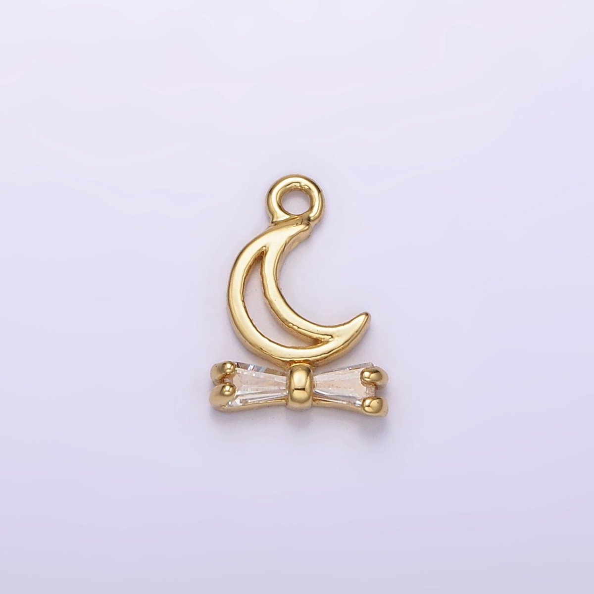 14K Gold plated Open Celestial Moon Baguette Ribbon Drop Charm | AG273 - DLUXCA