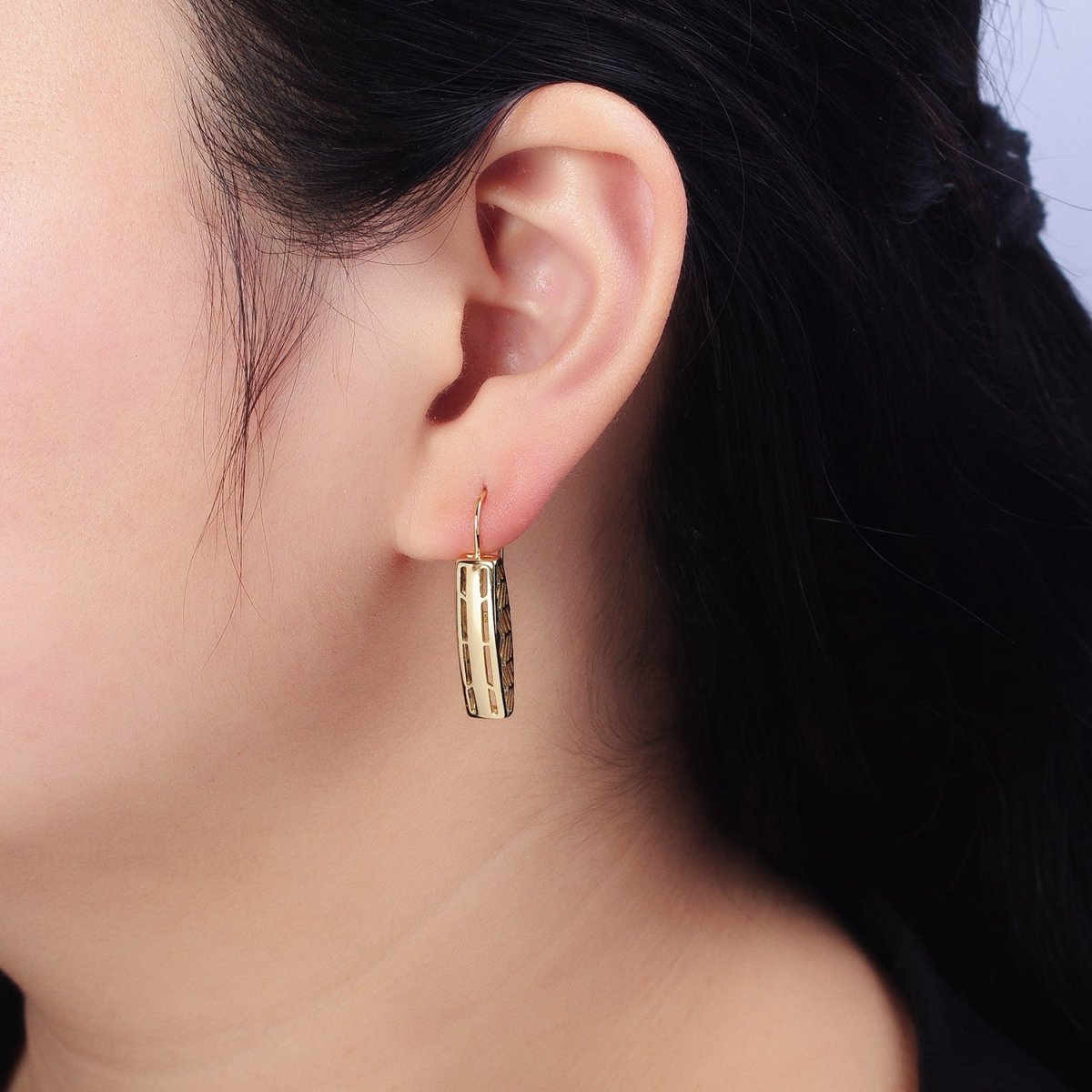 14K Gold plated Open Filigree Bar Rectangular Latch French Hook Earrings Set | AD1471 - DLUXCA