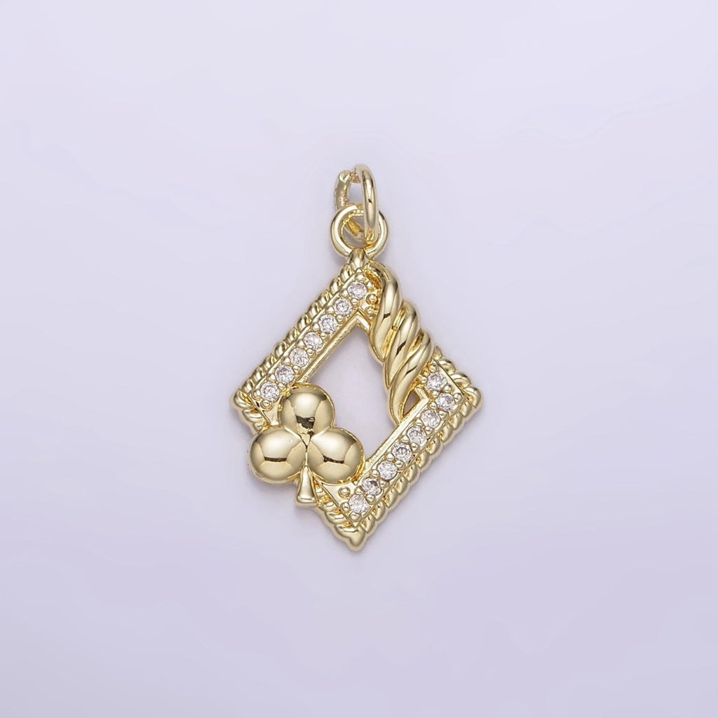 14K Gold plated Open Frame Rhombus Clover Micro Paved Twisted Clubs Card Charm | AG258 - DLUXCA