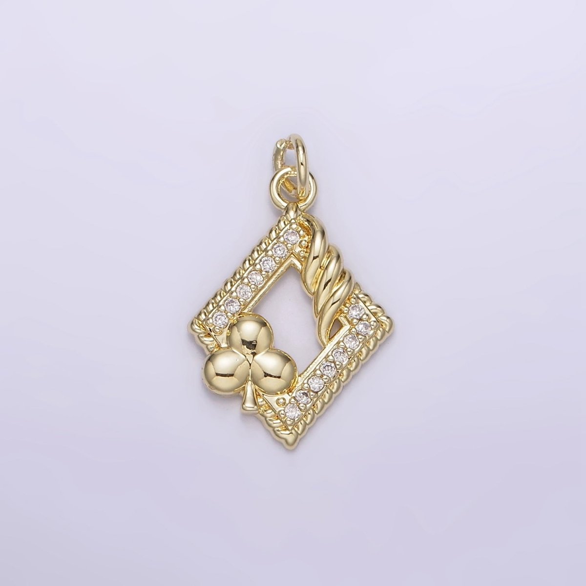 14K Gold plated Open Frame Rhombus Clover Micro Paved Twisted Clubs Card Charm | AG258 - DLUXCA