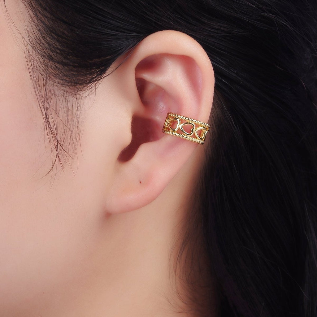 14K Gold plated Open Heart Lined Croissant Band Ear Cuff Earrings | AI158 - DLUXCA