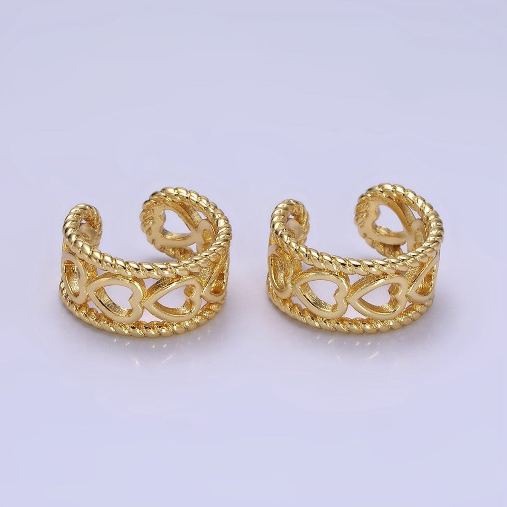 14K Gold plated Open Heart Lined Croissant Band Ear Cuff Earrings | AI158 - DLUXCA