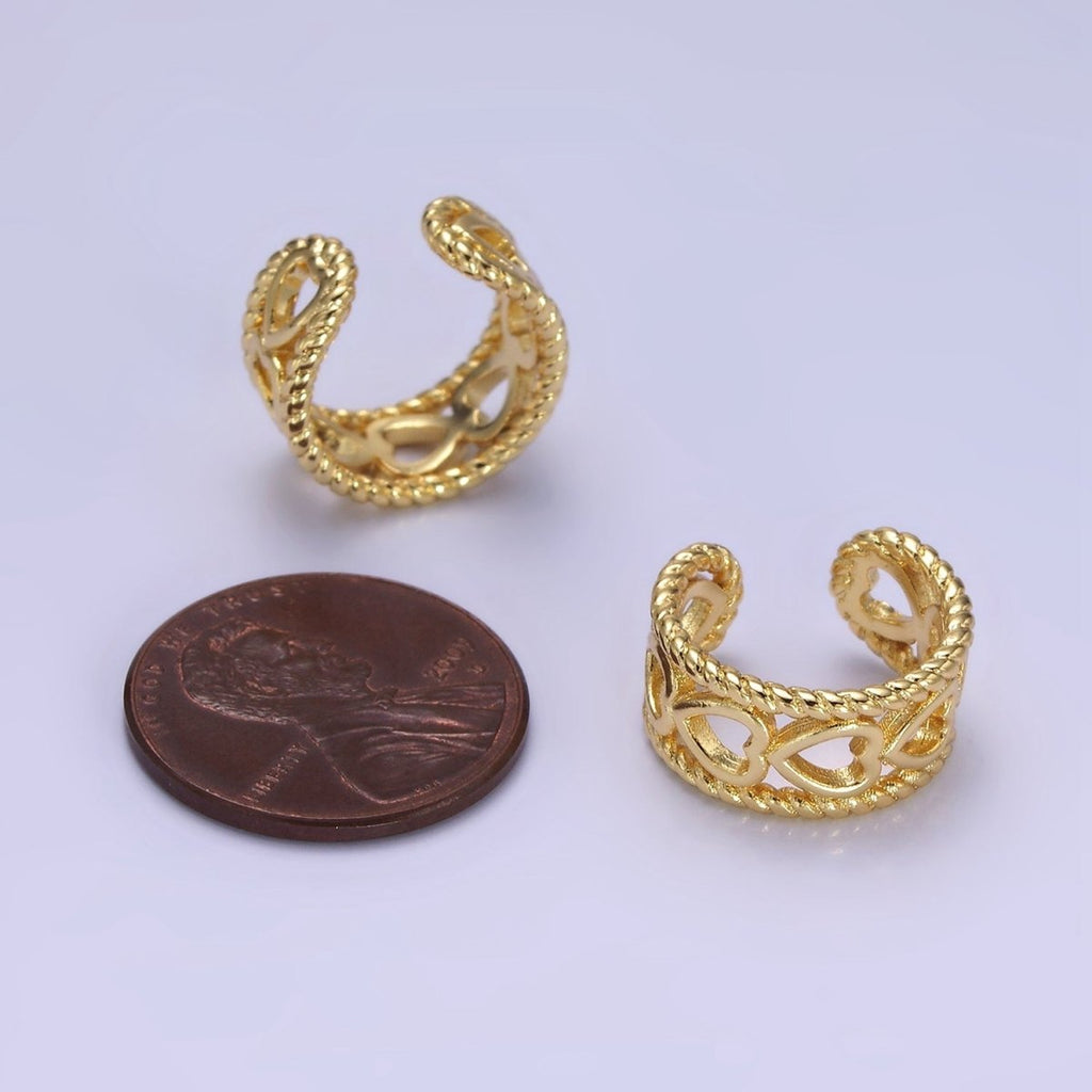 14K Gold plated Open Heart Lined Croissant Band Ear Cuff Earrings | AI158 - DLUXCA