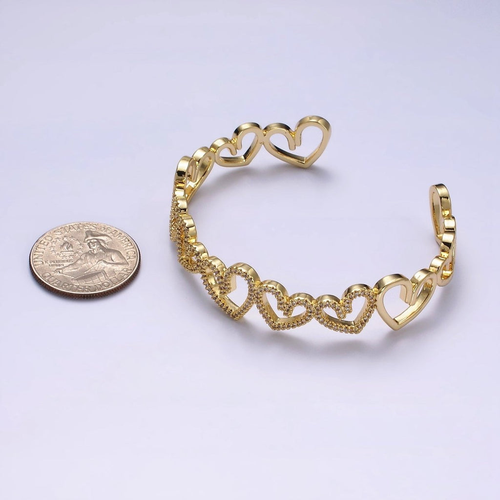 14K Gold plated Open Heart Micro Paved CZ Cuff Bangle Bracelet in Silver & Gold | WA-1920 WA-1921 Clearance Pricing