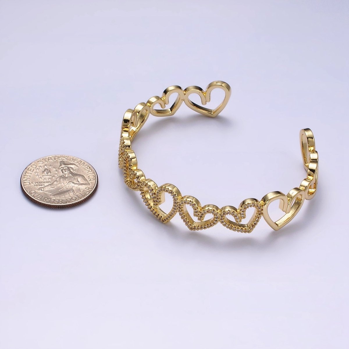 14K Gold plated Open Heart Micro Paved CZ Cuff Bangle Bracelet in Silver & Gold | WA-1920 WA-1921 Clearance Pricing