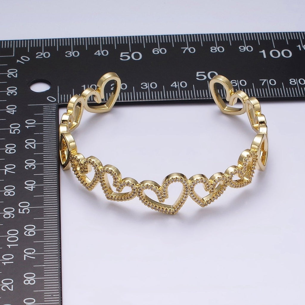 14K Gold plated Open Heart Micro Paved CZ Cuff Bangle Bracelet in Silver & Gold | WA-1920 WA-1921 Clearance Pricing