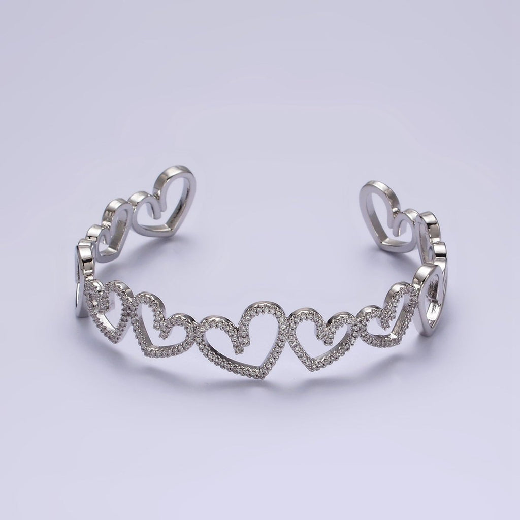 14K Gold plated Open Heart Micro Paved CZ Cuff Bangle Bracelet in Silver & Gold | WA-1920 WA-1921 Clearance Pricing