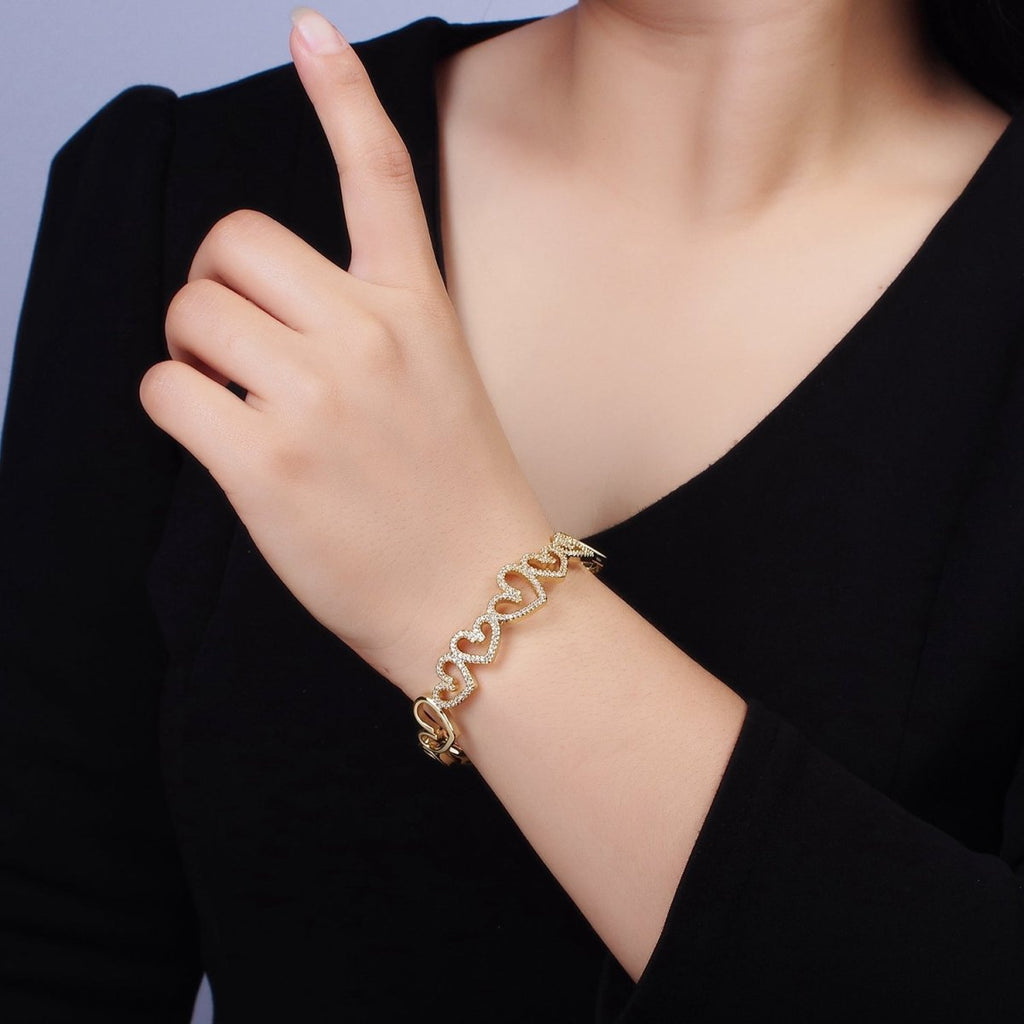 14K Gold plated Open Heart Micro Paved CZ Cuff Bangle Bracelet in Silver & Gold | WA-1920 WA-1921 Clearance Pricing