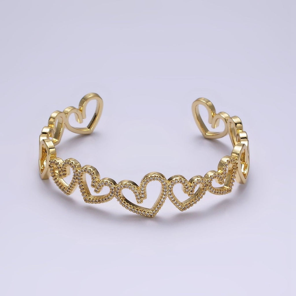14K Gold plated Open Heart Micro Paved CZ Cuff Bangle Bracelet in Silver & Gold | WA-1920 WA-1921 Clearance Pricing