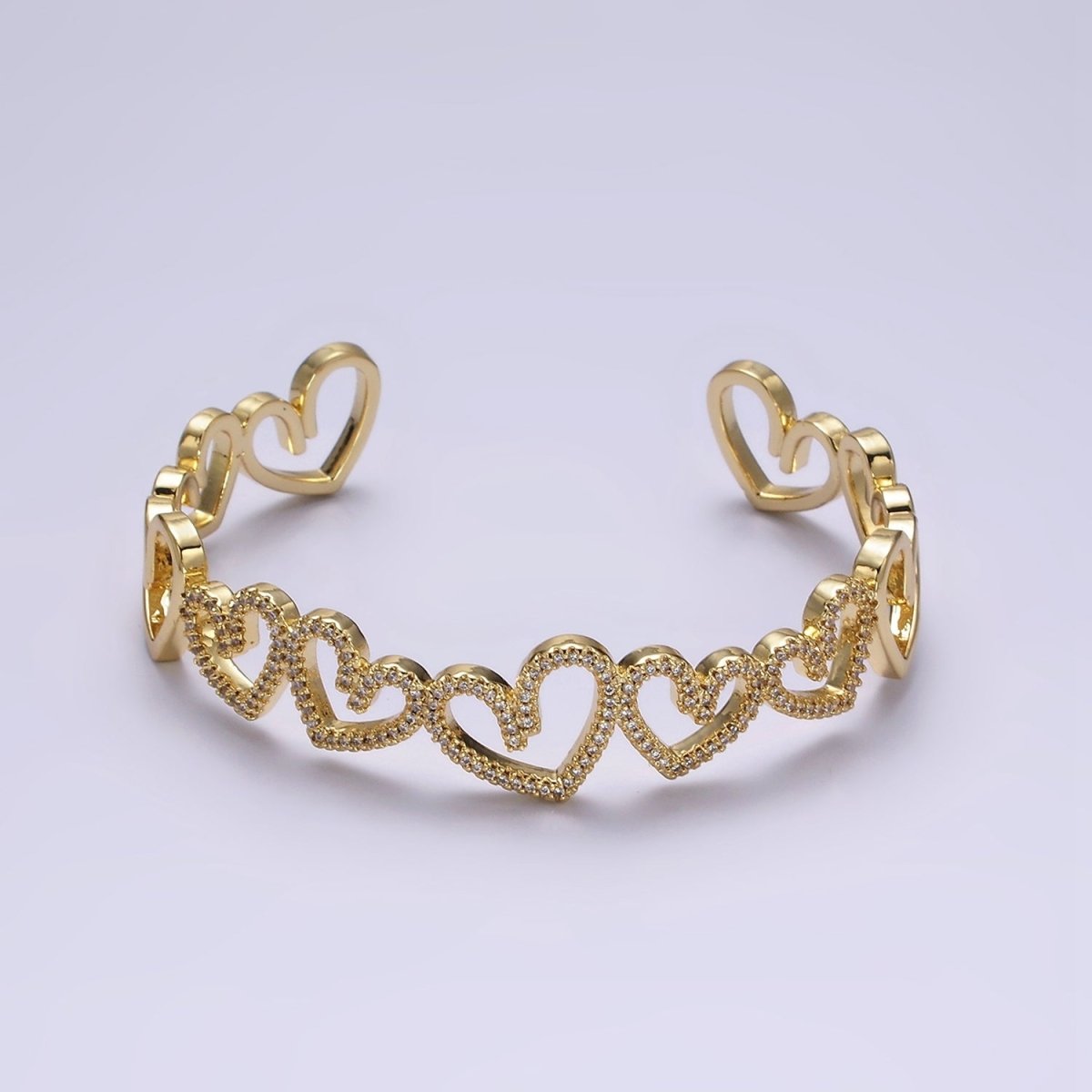 14K Gold plated Open Heart Micro Paved CZ Cuff Bangle Bracelet in Silver & Gold | WA-1920 WA-1921 Clearance Pricing