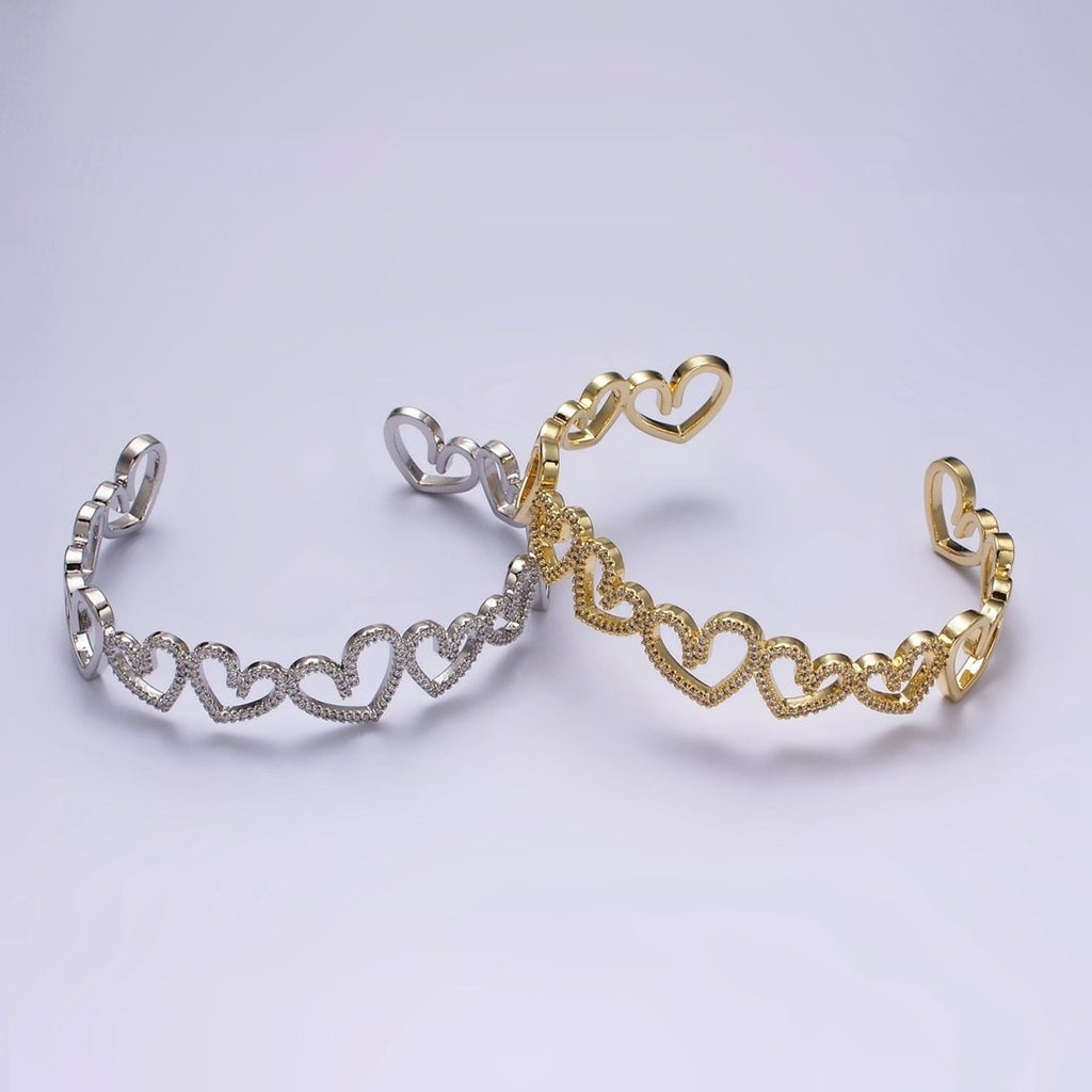 14K Gold plated Open Heart Micro Paved CZ Cuff Bangle Bracelet in Silver & Gold | WA-1920 WA-1921 Clearance Pricing