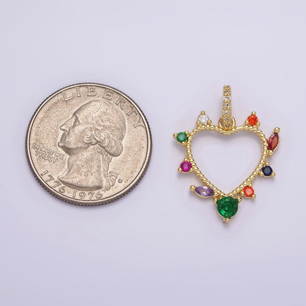 14K Gold plated Open Heart Multicolor CZ Marquise Dotted Outline Micro Paved CZ Bail Pendant | AA610 - DLUXCA