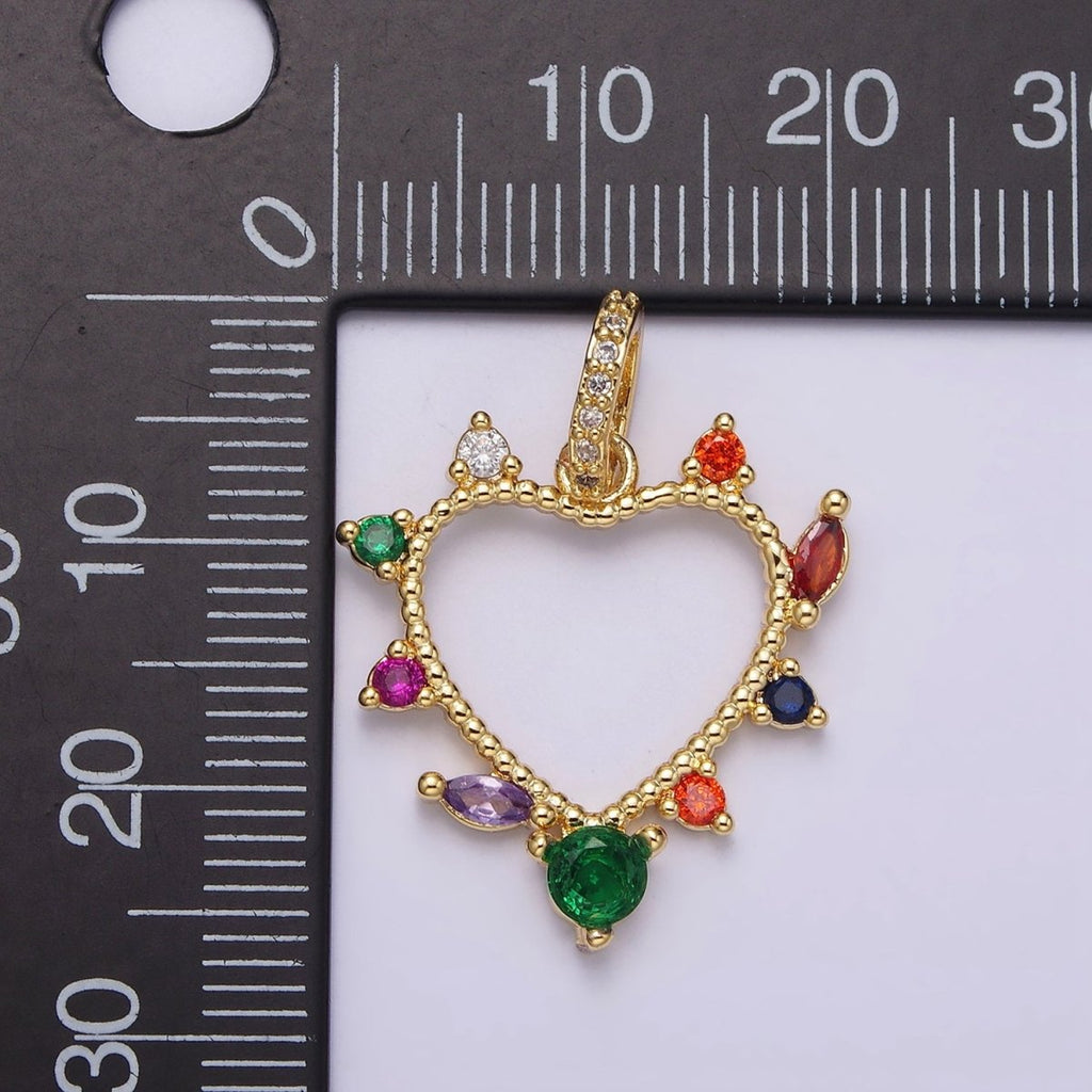 14K Gold plated Open Heart Multicolor CZ Marquise Dotted Outline Micro Paved CZ Bail Pendant | AA610 - DLUXCA