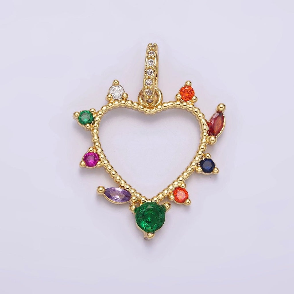 14K Gold plated Open Heart Multicolor CZ Marquise Dotted Outline Micro Paved CZ Bail Pendant | AA610 - DLUXCA