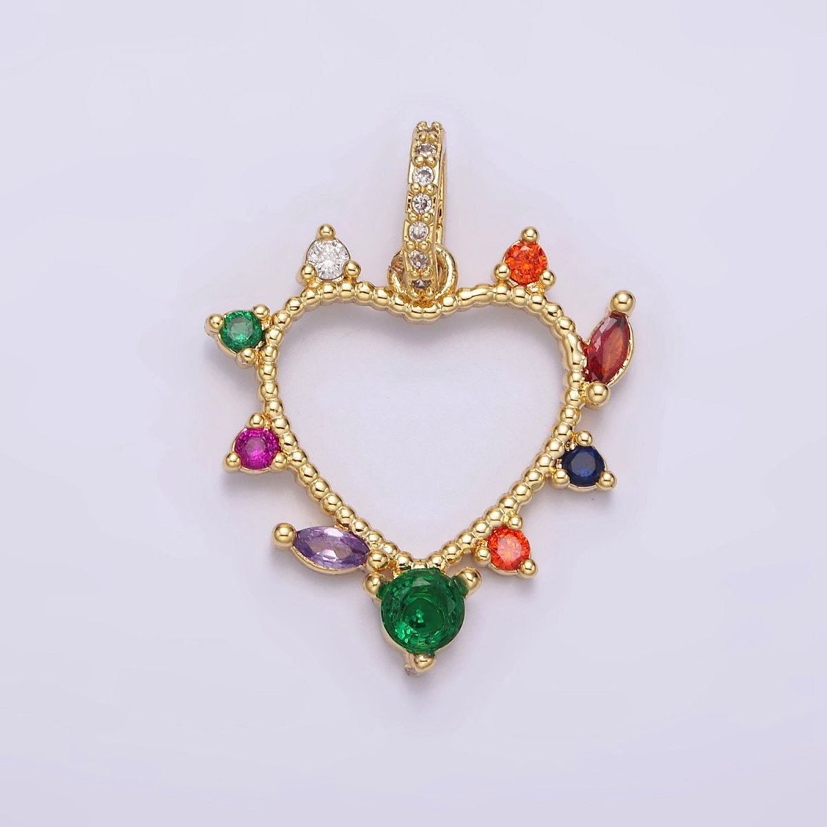 14K Gold plated Open Heart Multicolor CZ Marquise Dotted Outline Micro Paved CZ Bail Pendant | AA610 - DLUXCA