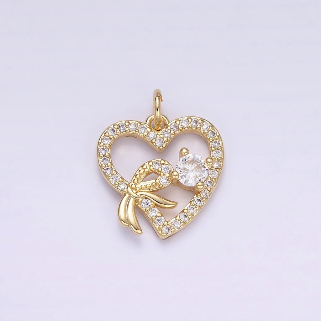 14K Gold plated Open Heart Ribbon Micro Paved CZ Charm | W674 - DLUXCA