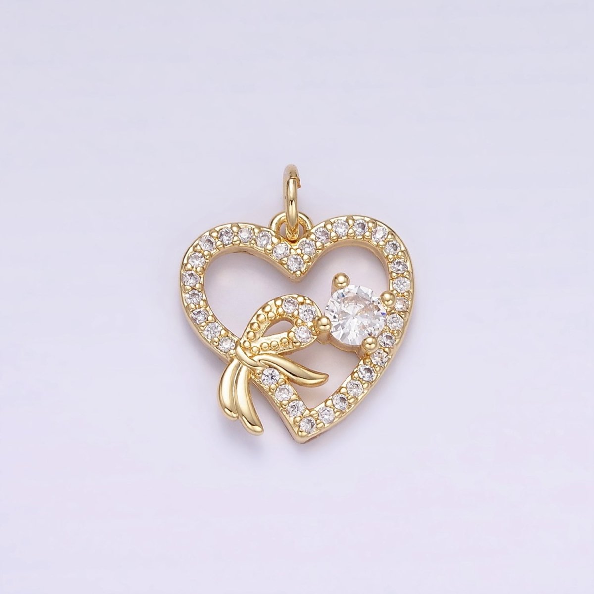 14K Gold plated Open Heart Ribbon Micro Paved CZ Charm | W674 - DLUXCA