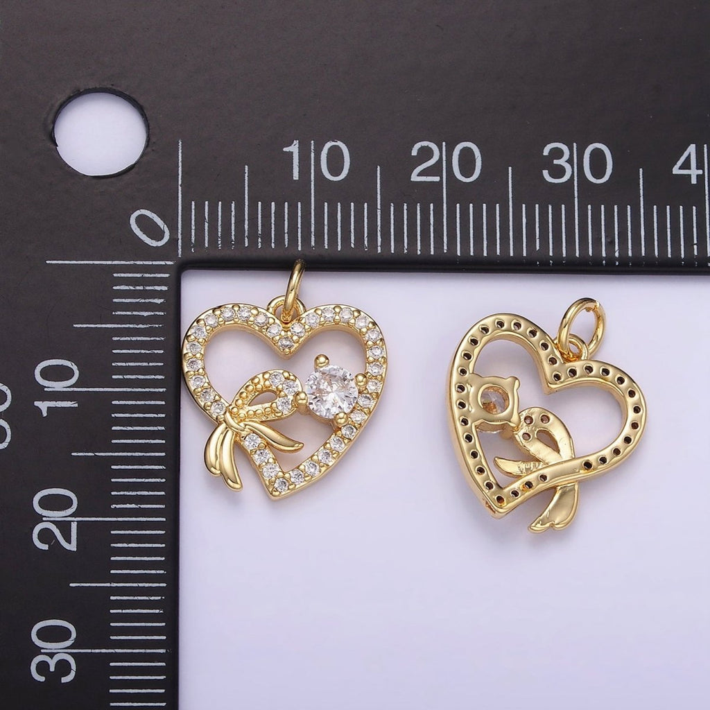 14K Gold plated Open Heart Ribbon Micro Paved CZ Charm | W674 - DLUXCA