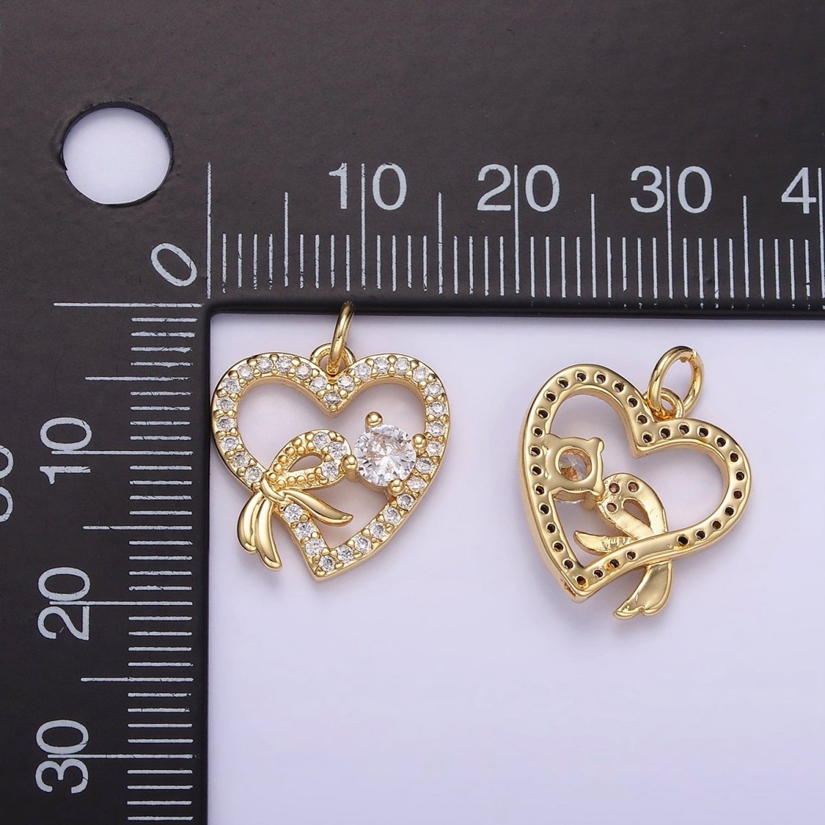 14K Gold plated Open Heart Ribbon Micro Paved CZ Charm | W674 - DLUXCA