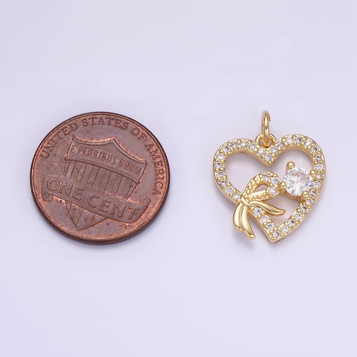14K Gold plated Open Heart Ribbon Micro Paved CZ Charm | W674 - DLUXCA