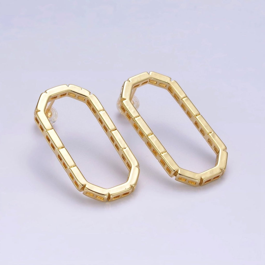 14K Gold plated Open Oblong Drop Hexagonal Brick Bar Stud Earrings | AE659 - DLUXCA