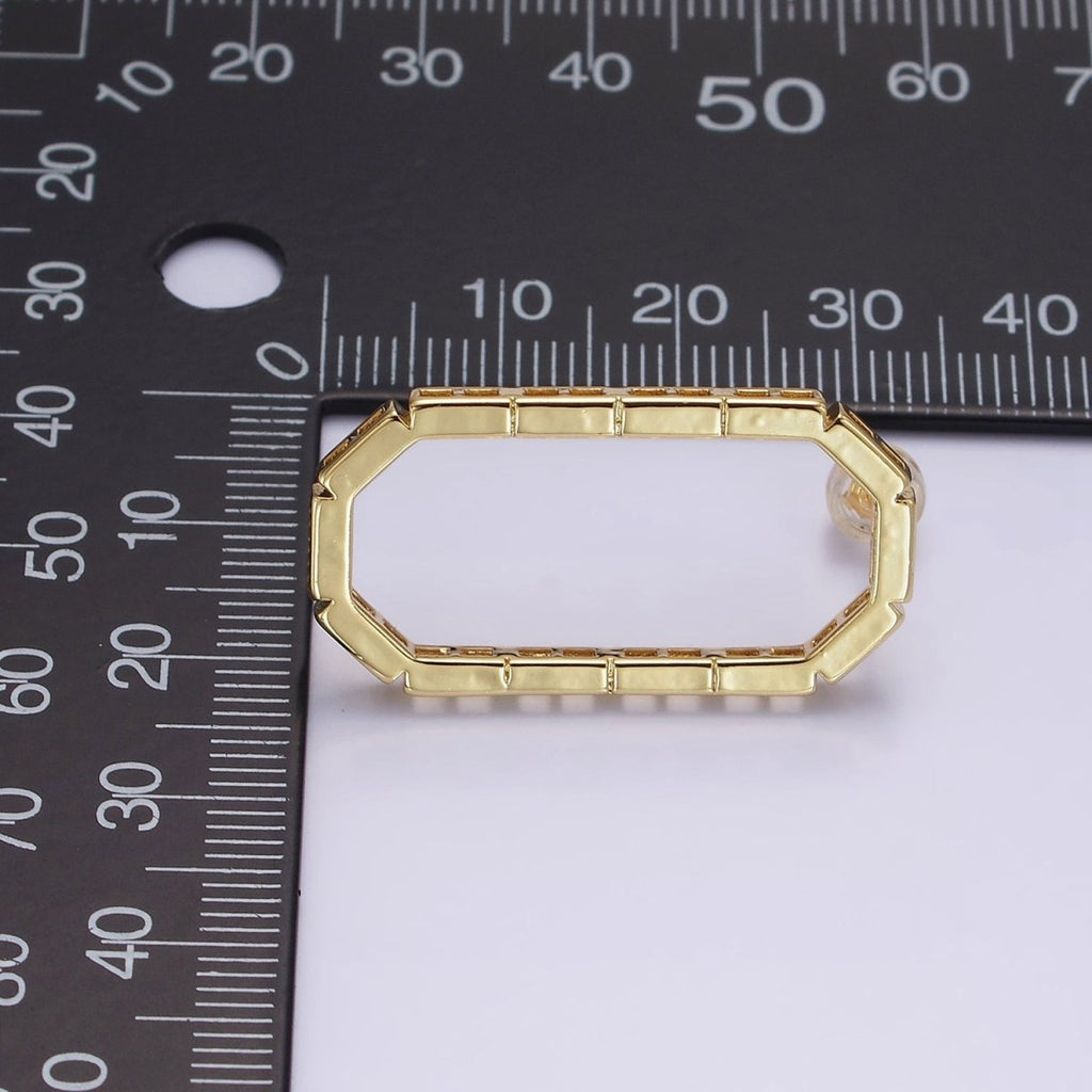14K Gold plated Open Oblong Drop Hexagonal Brick Bar Stud Earrings | AE659 - DLUXCA