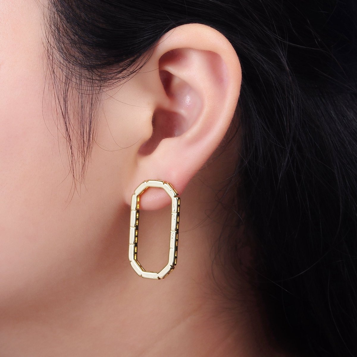 14K Gold plated Open Oblong Drop Hexagonal Brick Bar Stud Earrings | AE659 - DLUXCA
