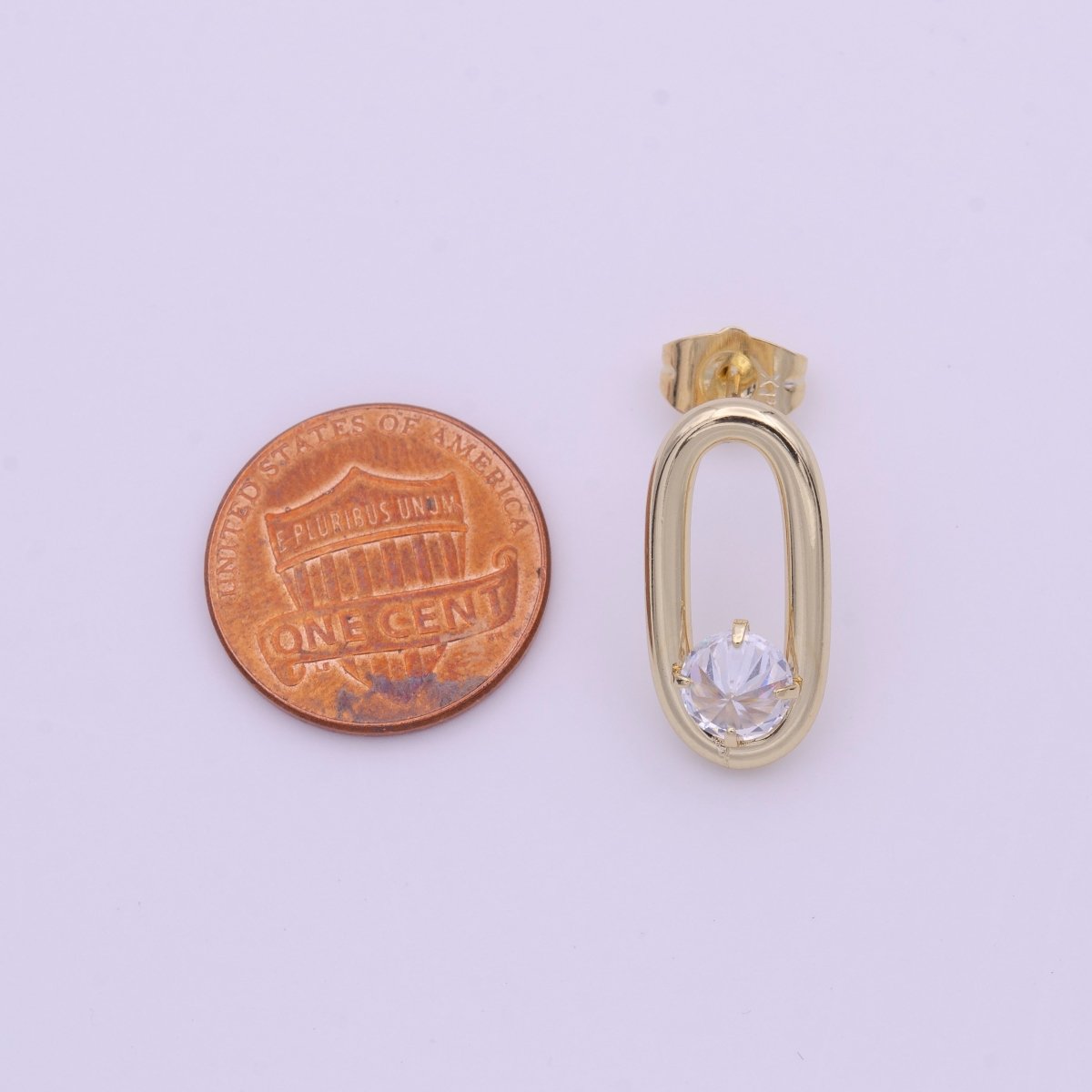 14K Gold plated Open Oblong Oval Round Clear CZ Geometric Stud Earrings | AB1427 - DLUXCA