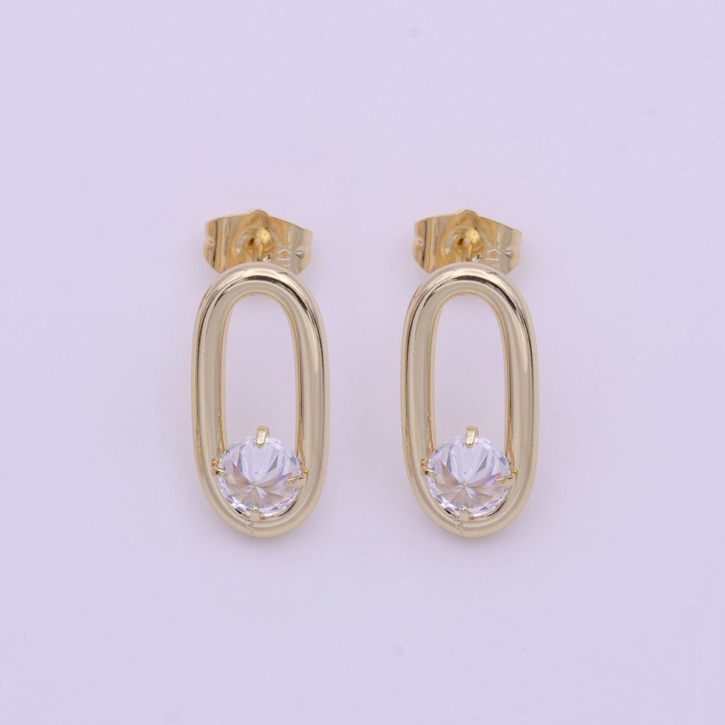 14K Gold plated Open Oblong Oval Round Clear CZ Geometric Stud Earrings | AB1427 - DLUXCA