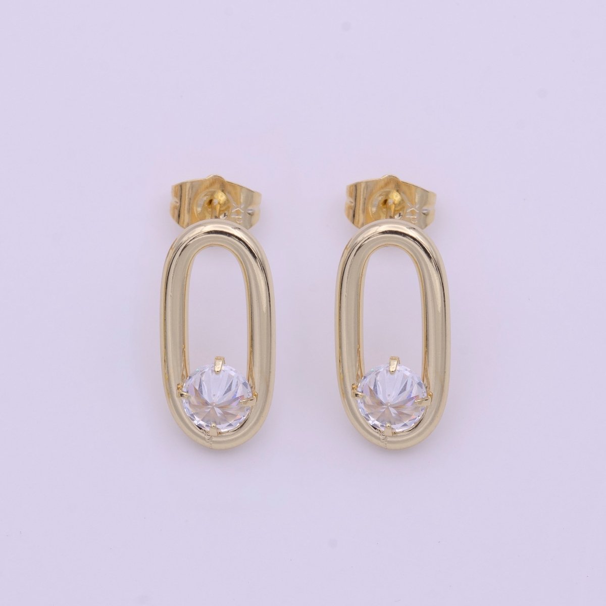 14K Gold plated Open Oblong Oval Round Clear CZ Geometric Stud Earrings | AB1427 - DLUXCA