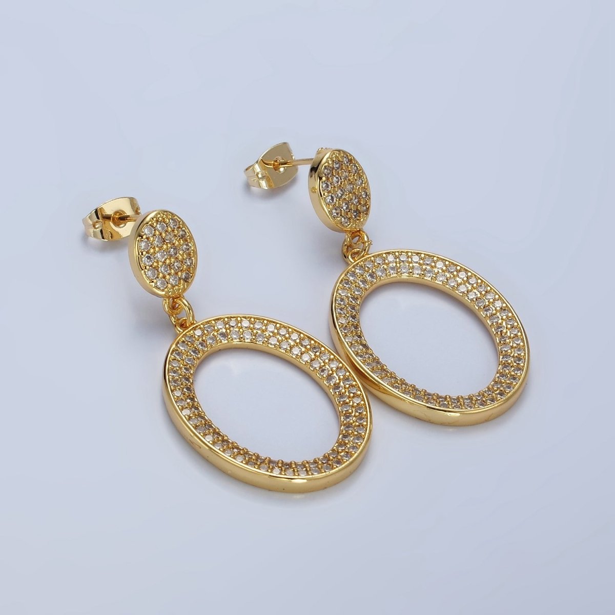 14K Gold plated Open Oval Micro Paved CZ Drop Stud Earrings | AE424 - DLUXCA