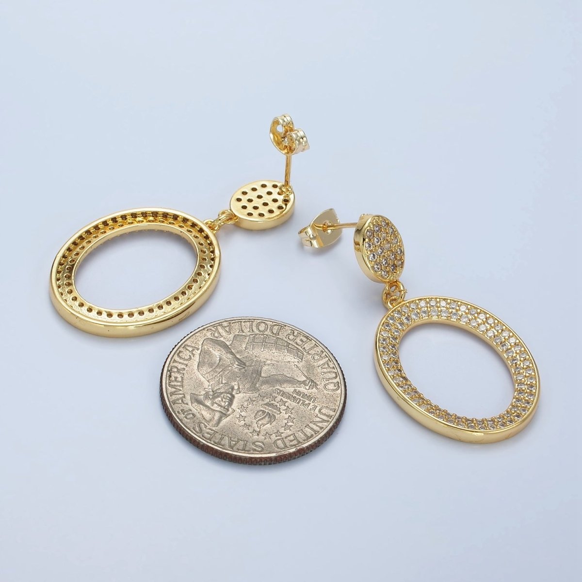 14K Gold plated Open Oval Micro Paved CZ Drop Stud Earrings | AE424 - DLUXCA