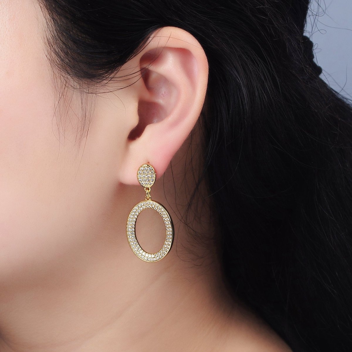 14K Gold plated Open Oval Micro Paved CZ Drop Stud Earrings | AE424 - DLUXCA