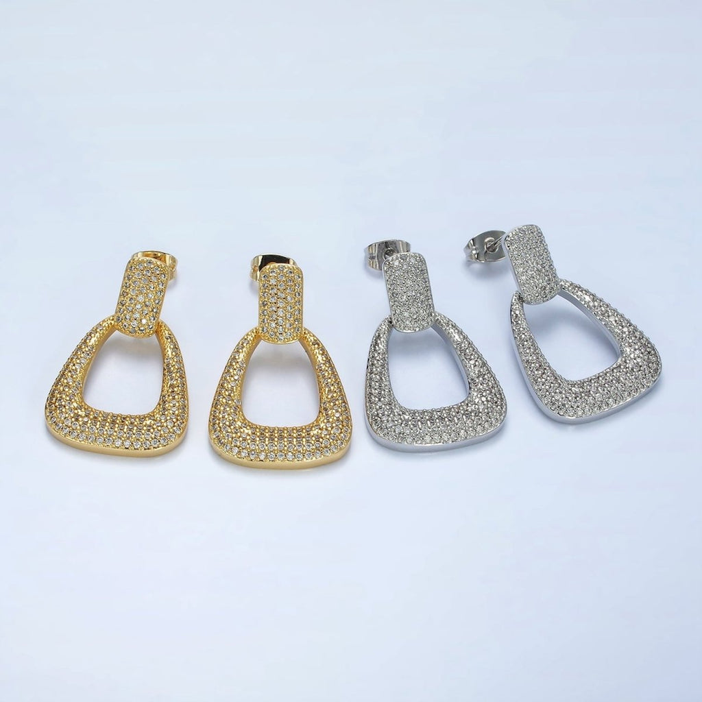 14K Gold plated Open U Shaped Micro Paved CZ Rectangular Drop Stud Earrings in Gold & Silver | AE425 AE426