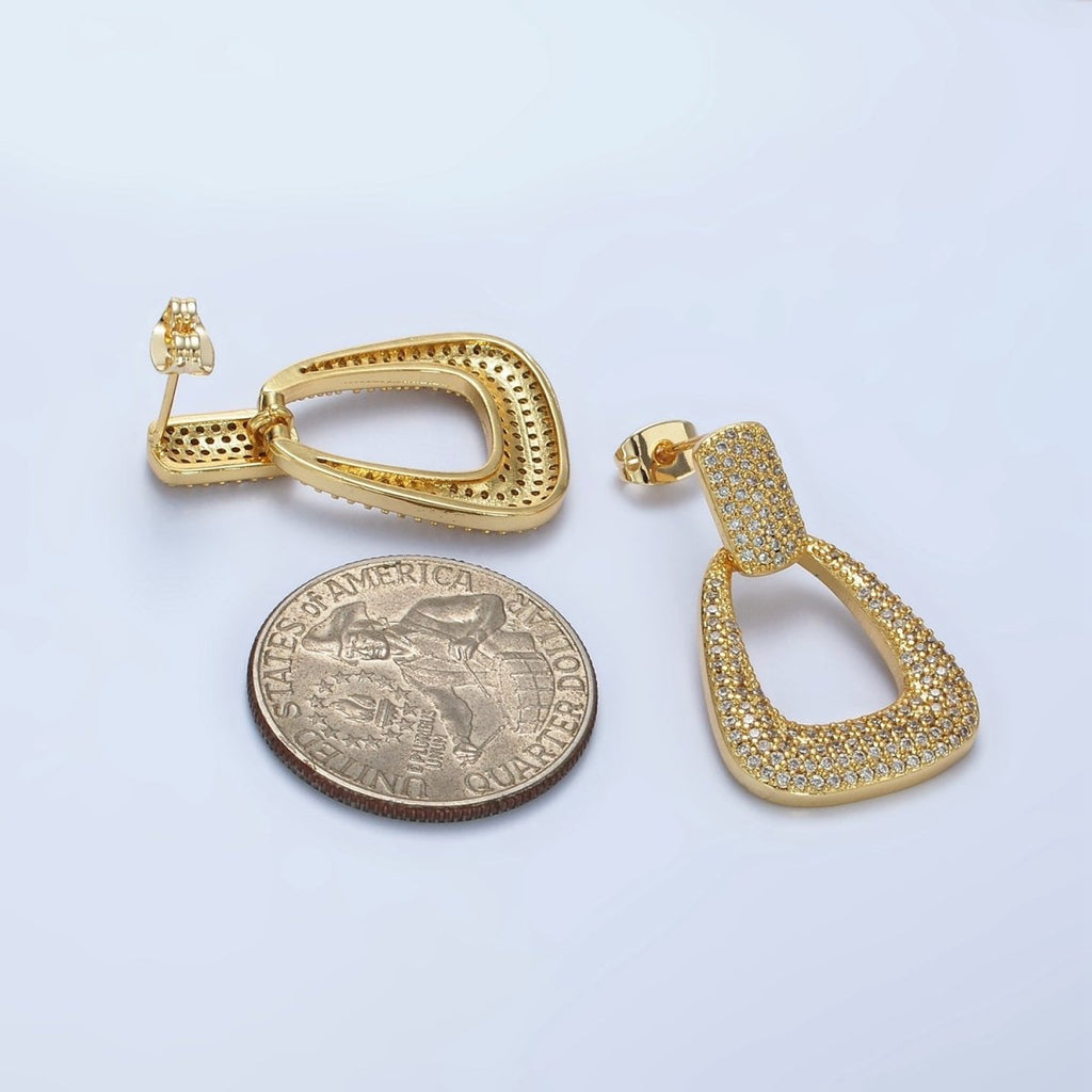 14K Gold plated Open U Shaped Micro Paved CZ Rectangular Drop Stud Earrings in Gold & Silver | AE425 AE426